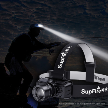 Supfire Suministro de fábrica Plástico ABS Largo alcance Acampar al aire libre Correr Impermeable Ligero Linterna frontal LED con zoom de alta potencia